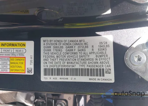 2024 Honda Civic Sport z USA, uszkodzony, nr VIN 2HGFE2F55RH591947